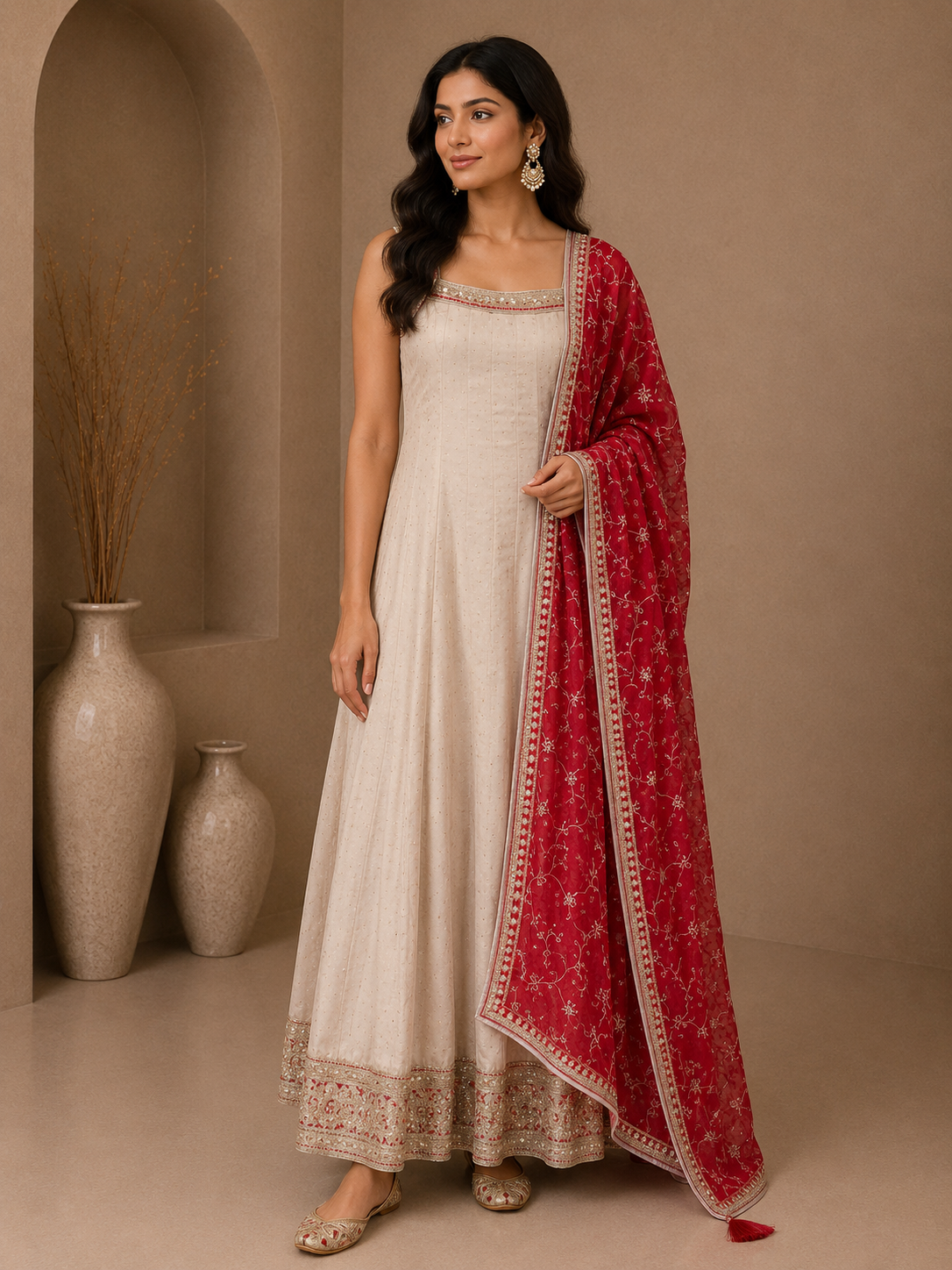 Premium Silk Anarkali Suit Set with Embroidered Organza Dupatta – Ivory & Crimson Red